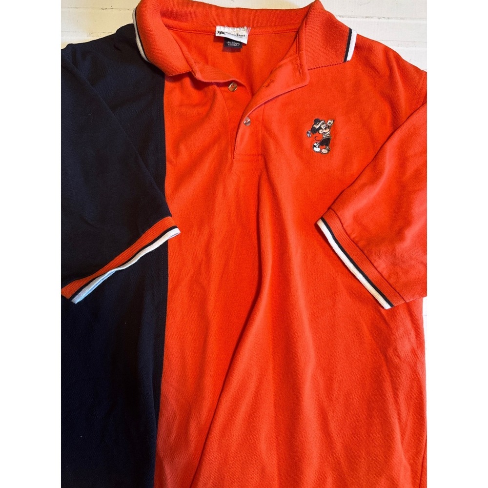 Disney Parks Polo Shirt Mens Large Orange Navy Mickey Mouse Golf Good Colorblock